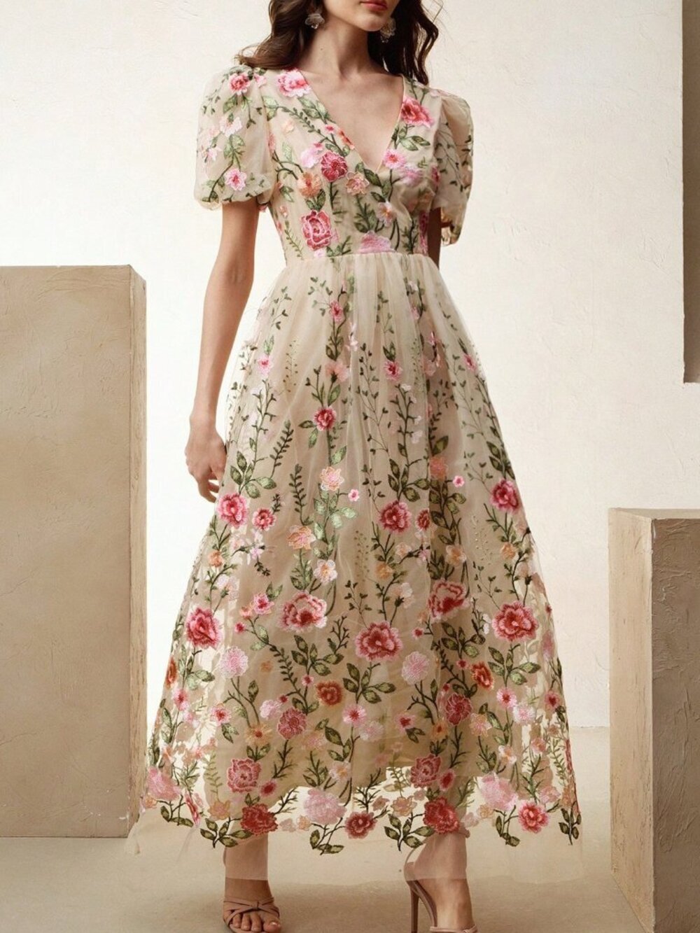 Cream Elegant Women's Embroidered Floral V-Neck A-Line Midi Skirt
